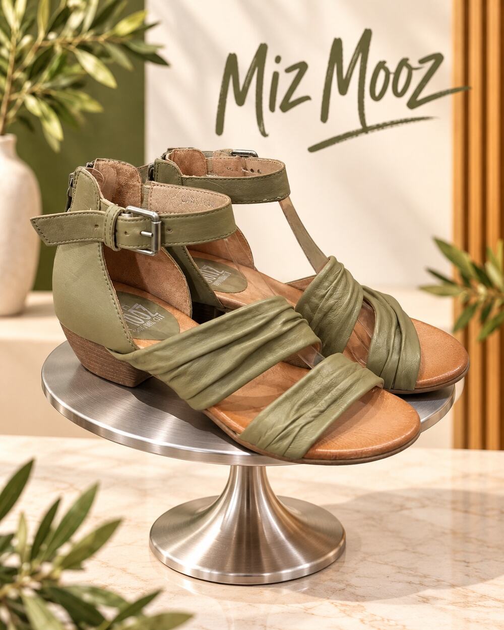 Miz Mooz Cassie Sage Green Leather Ruched Sandals Size 38 US 7.5-8